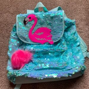Justice backpack aqua sequin pink flamingo